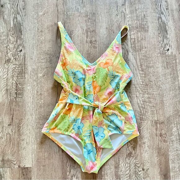 Ruffle Butts pink blue Floral Swimsuit one piece modest tie waist size medium - Picture 2 of 5